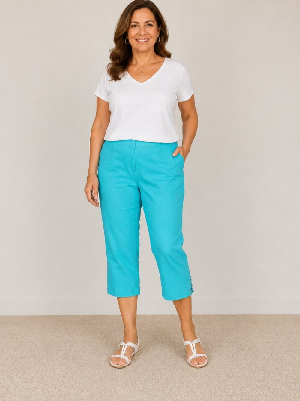 Ruby Rd. Turquoise Linen Blend Capri Pants Size 18 Embellished Hem Pull-On Crop